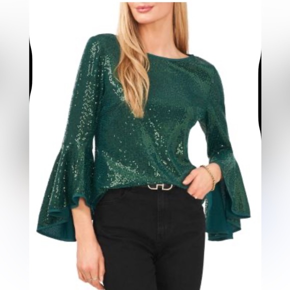 Emerald Green Sequin Ruffled Blouse - Picture 5 of 8